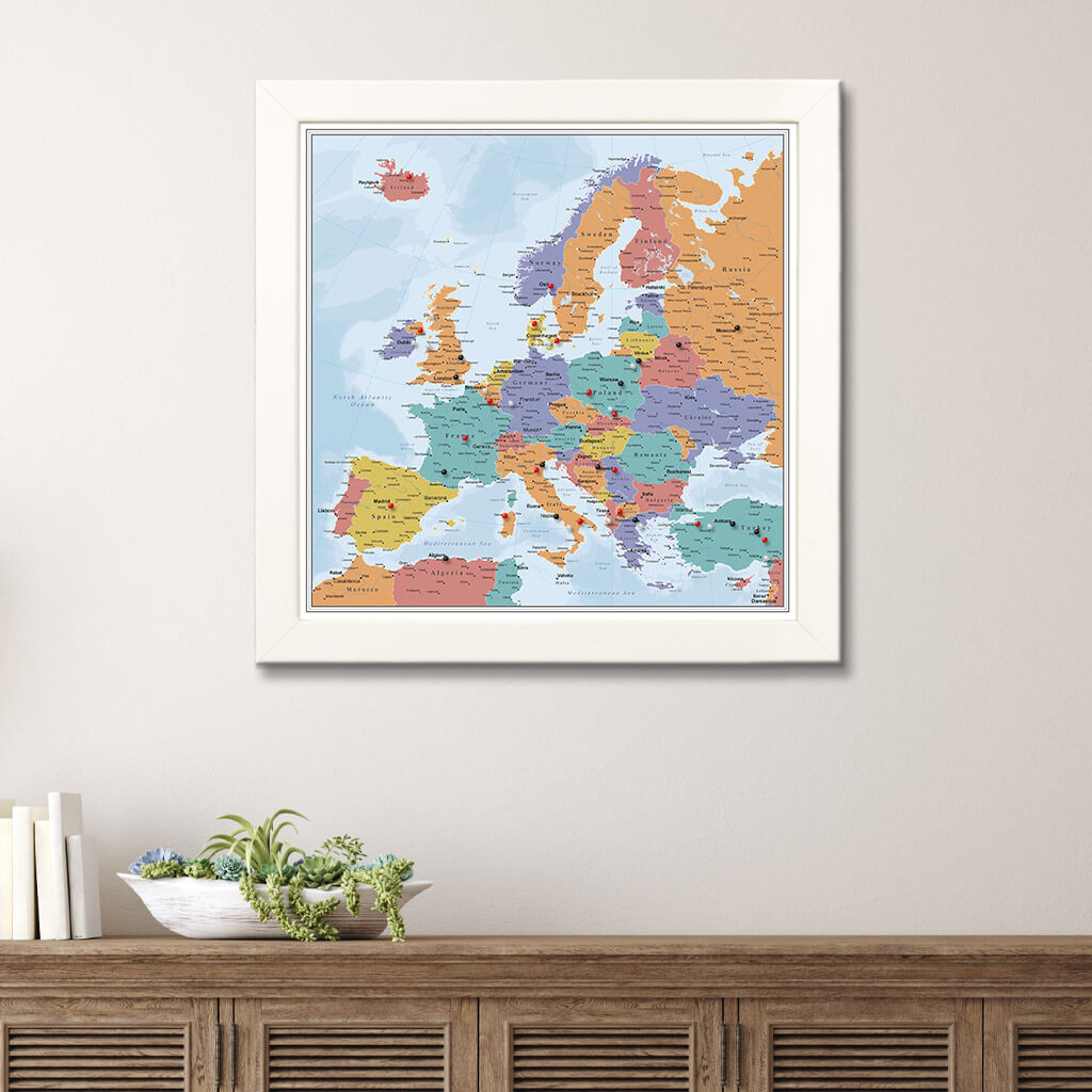 Canvas Blue Oceans Europe Travel Map - Textured White Frame