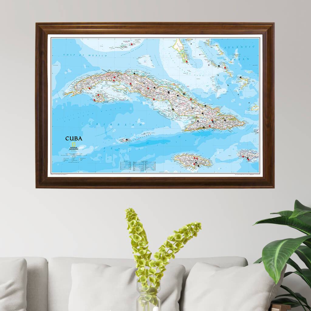 Classic Cuba Push Pin Travel Map in Brown Frame