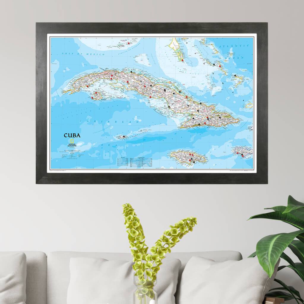 Classic Cuba Push Pin Travel Map in Rustic Black Frame