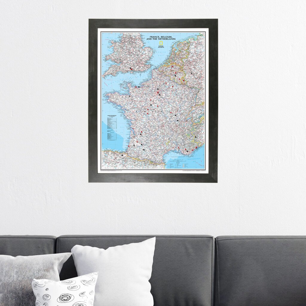 Classic France, Belgium, and The Netherlands Travel Map in Rustic Black Frame