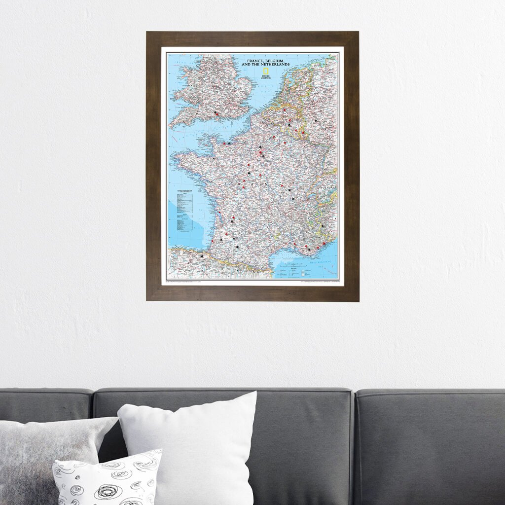 Classic France, Belgium, and The Netherlands Travel Map in Rustic Brown Frame