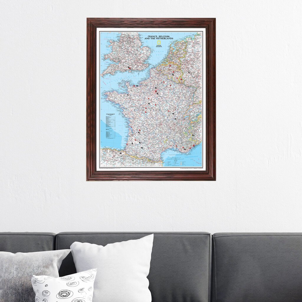 Classic France, Belgium, and The Netherlands Travel Map in Solid Wood Cherry Frame