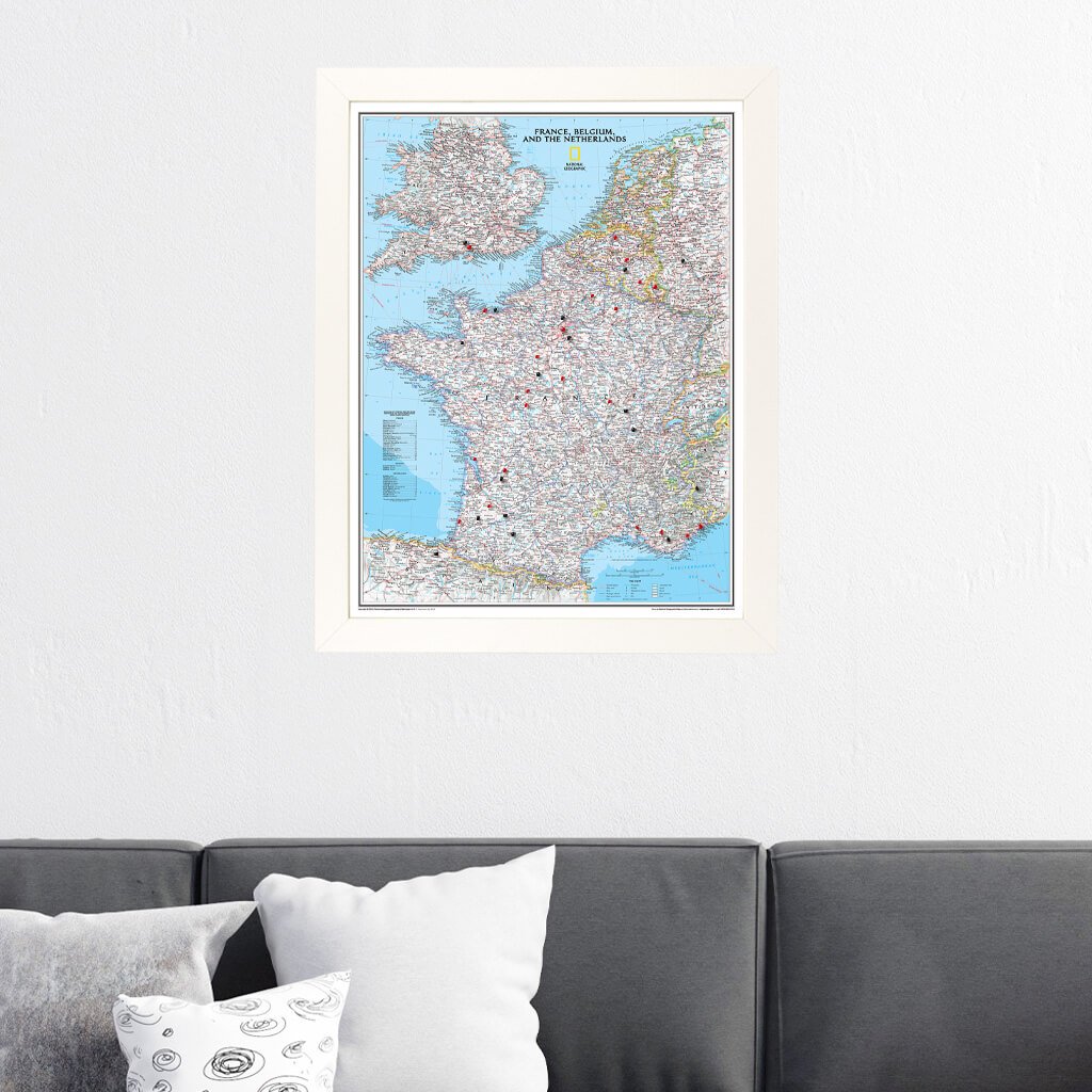 Classic France, Belgium, and The Netherlands Travel Map in Textured White Frame