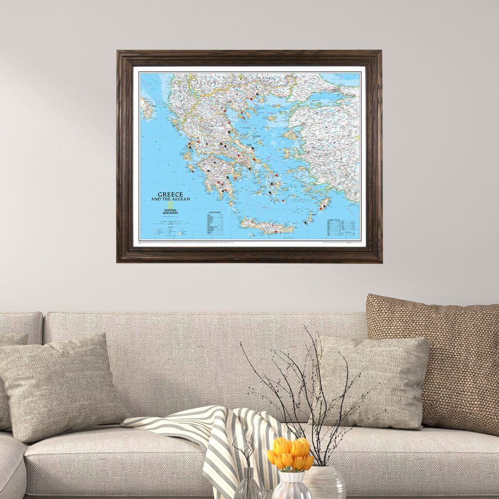 Push Pin Travel Maps Classic Greece in Solid Wood Brown Frame