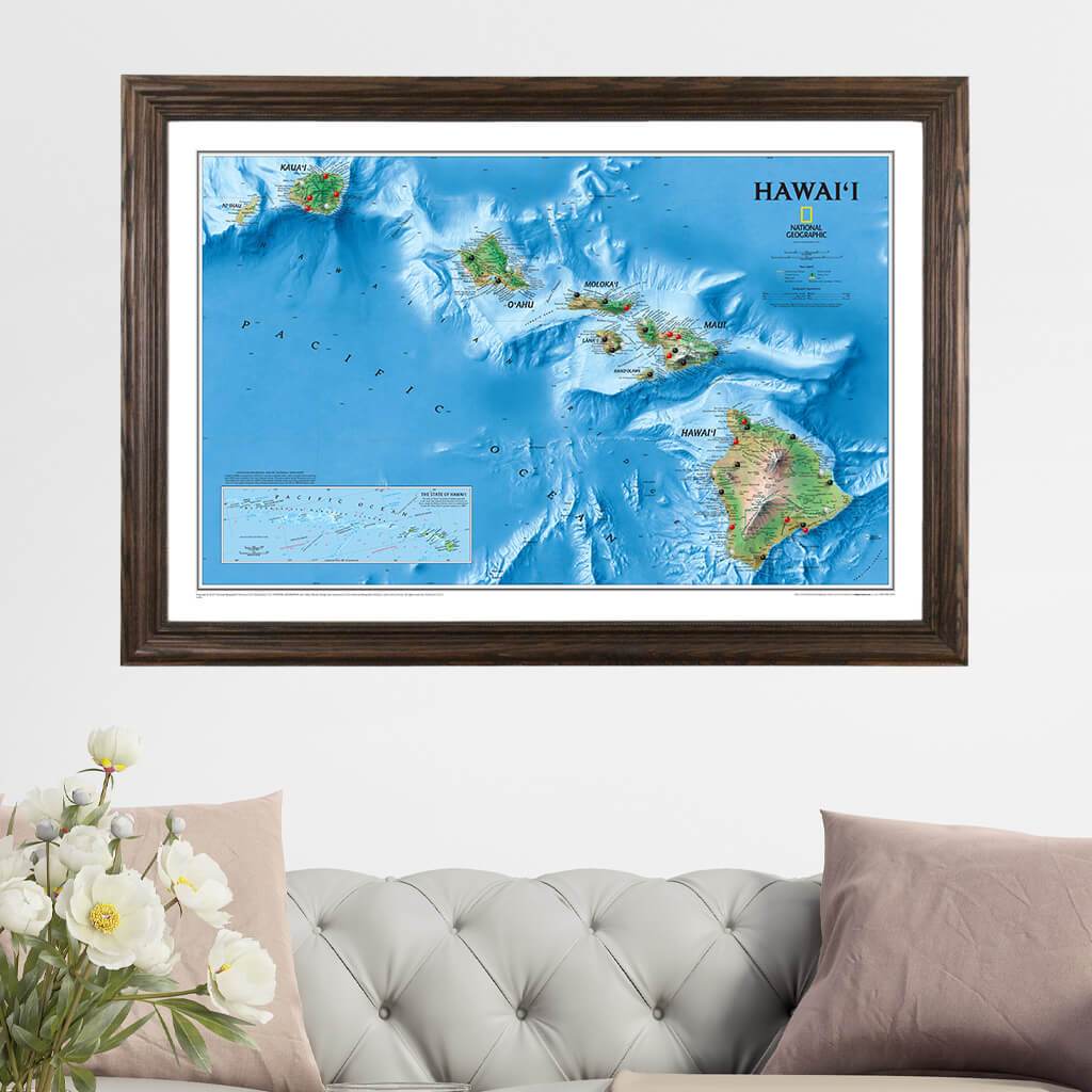 Hawaii Push Pin Travel Map in Solid Wood Brown Frame