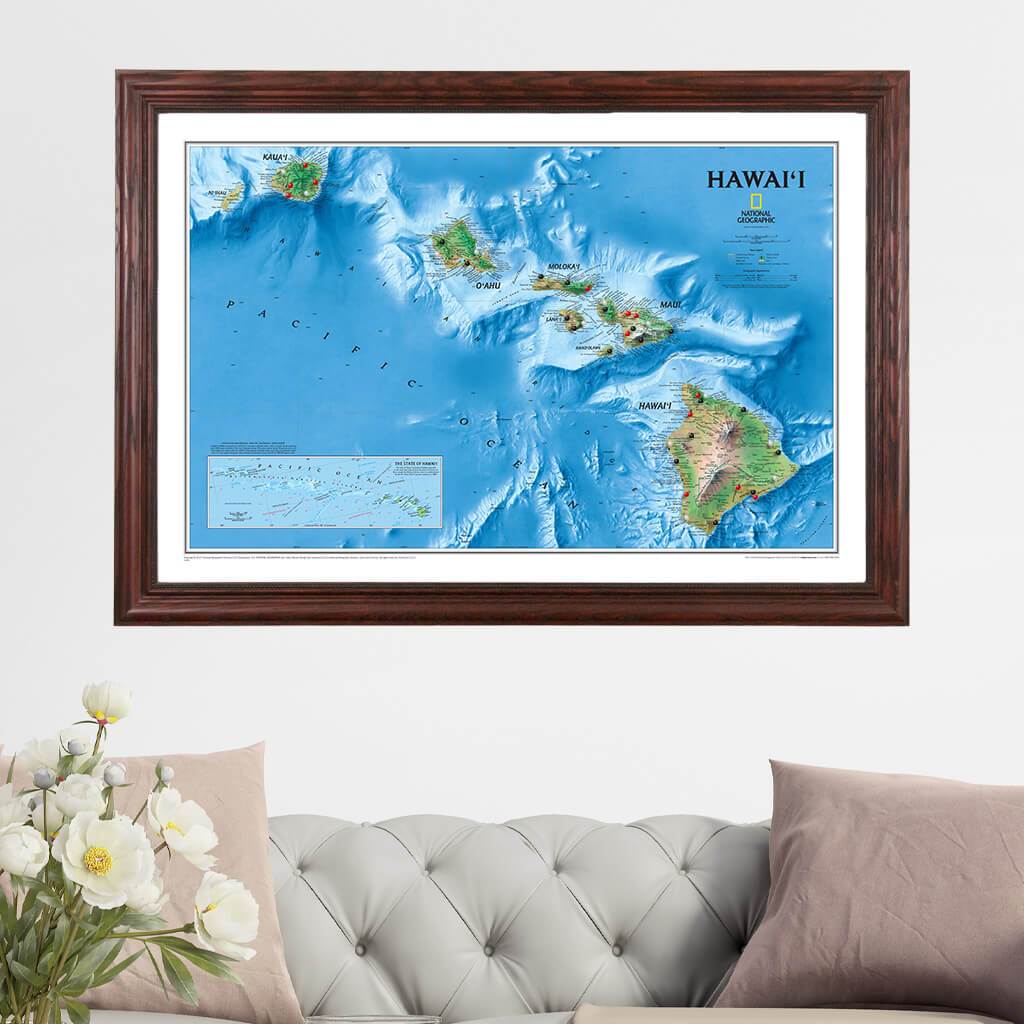Hawaii Push Pin Travel Map in Solid Wood Cherry Frame