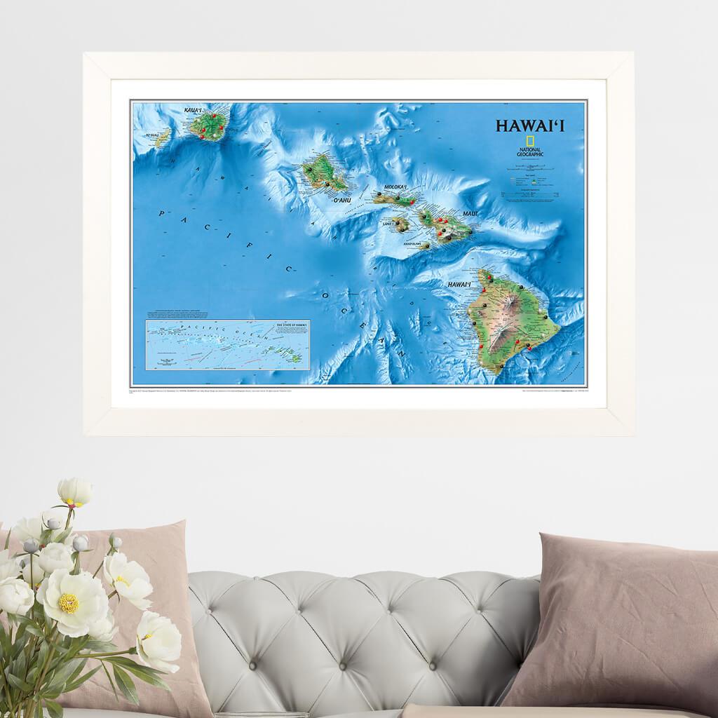 Hawaii Push Pin Travel Map In Textured White Frame