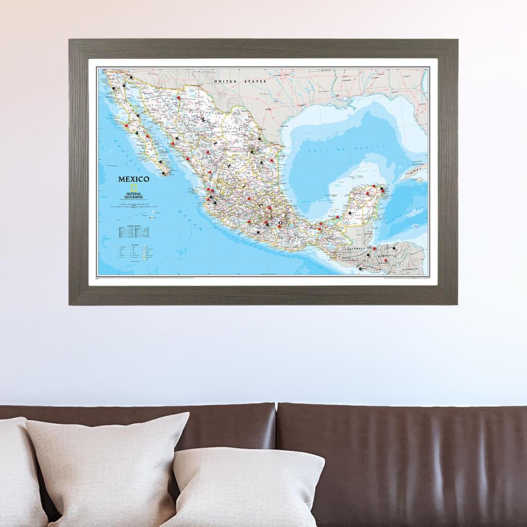 Classic Mexico Push Pin Travel Map in Barnwood Gray Frame
