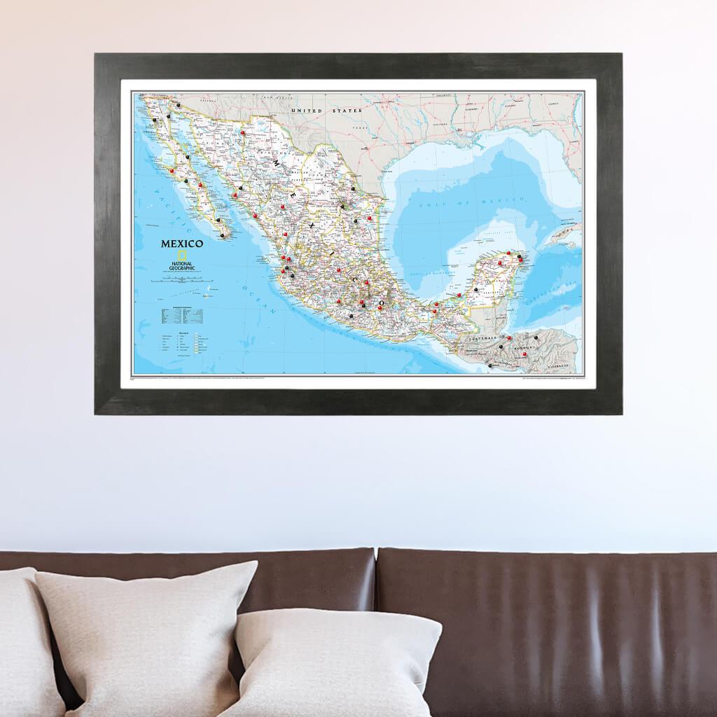 Classic Mexico Push Pin Travel Map in Rustic Black Frame