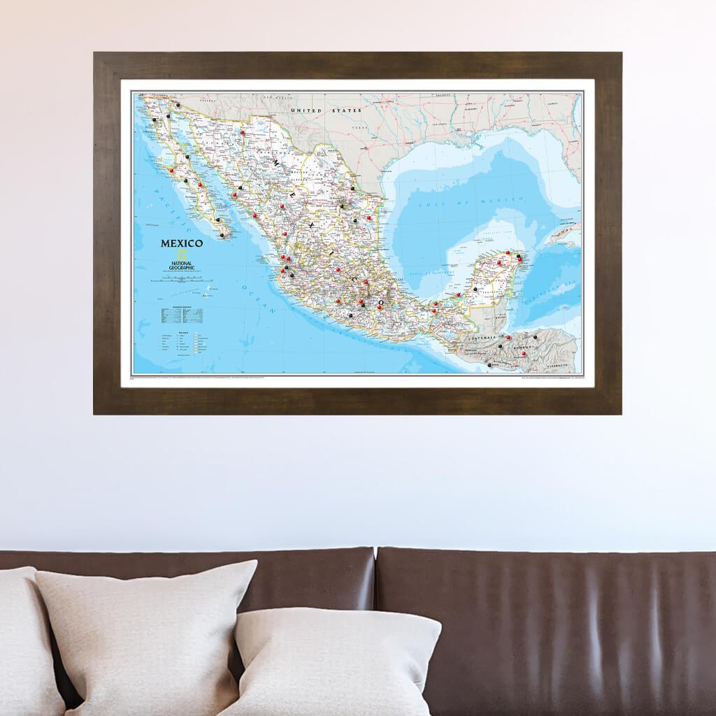 Classic Mexico Push Pin Travel Map in Rustic Brown Frame