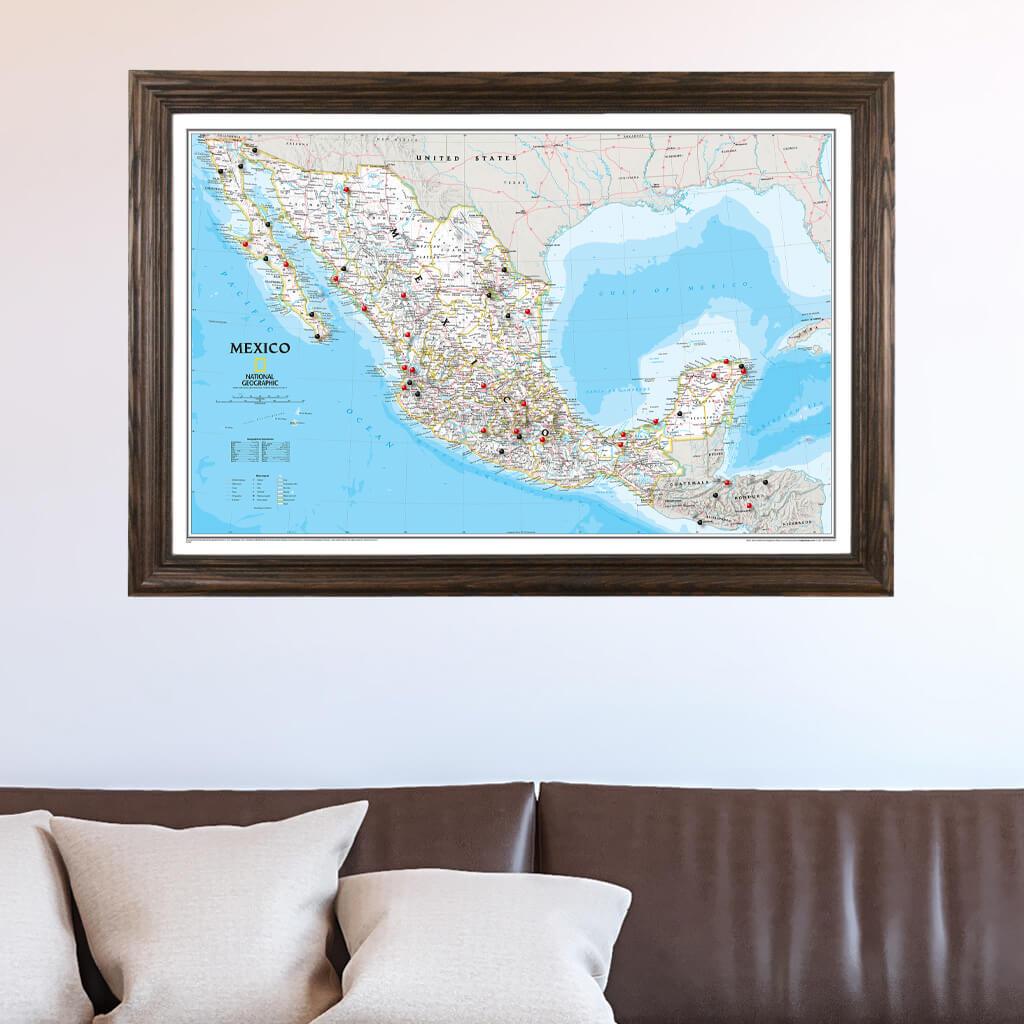 Classic Mexico Push Pin Travel Map in Solid Wood Brown Frame