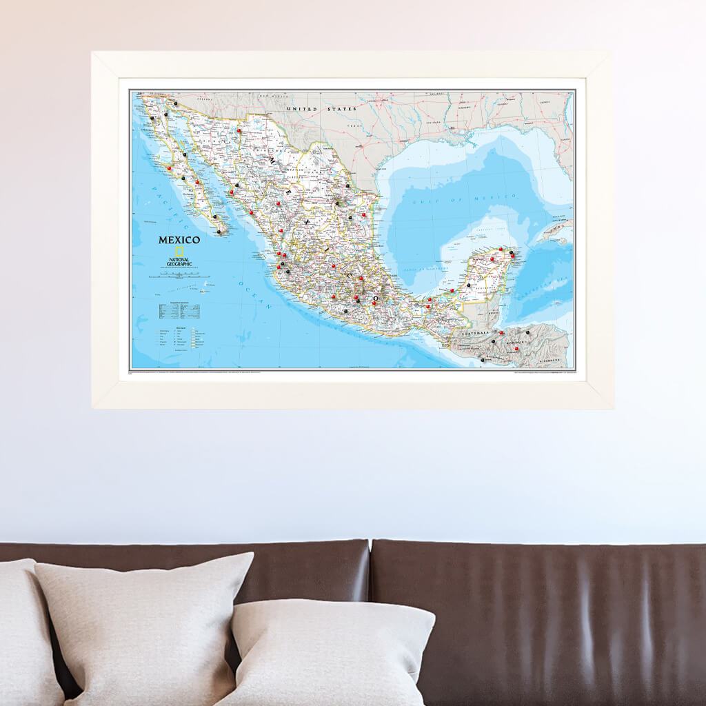 Classic Mexico Push Pin Travel Map in Textured White Frame