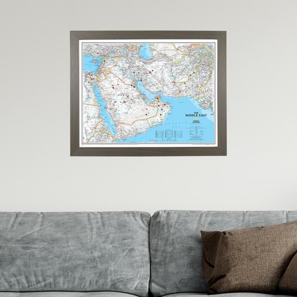 Classic Middle East Push Pin Travel Map in Barnwood Gray Frame