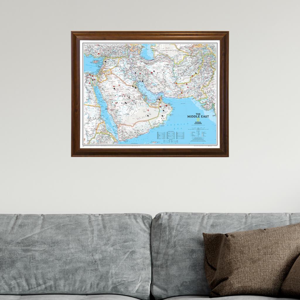 Classic Middle East Push Pin Travel Map in Brown Frame