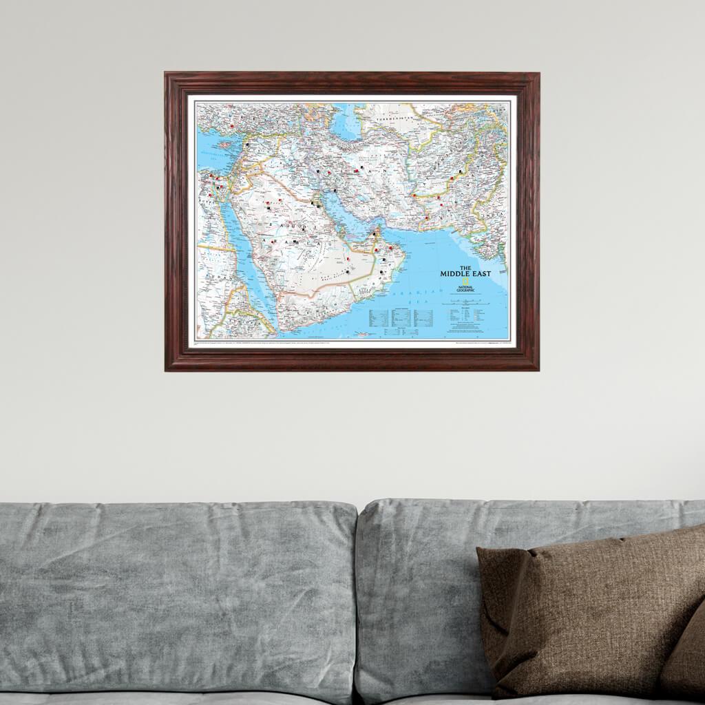 Classic Middle East Push Pin Travel Map in Solid Wood Cherry Frame