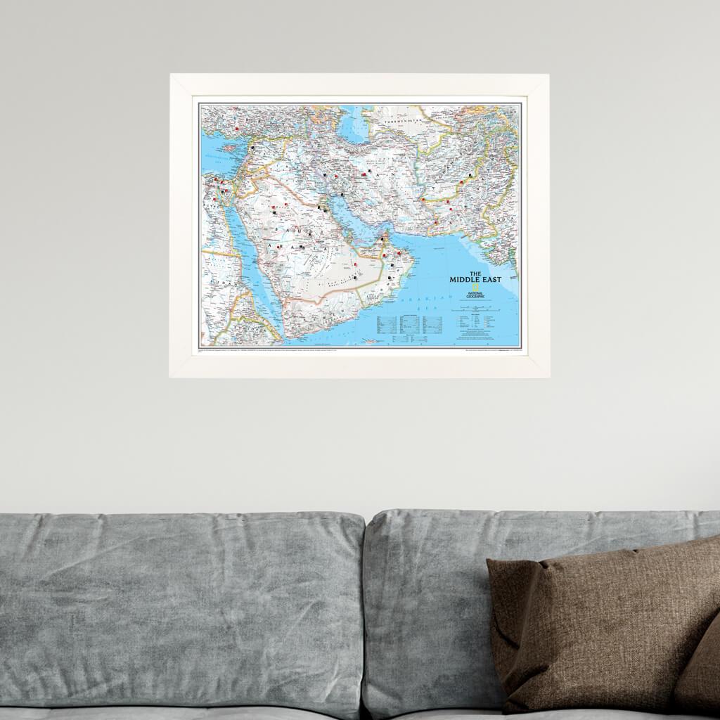Classic Middle East Push Pin Travel Map in Textured White Frame
