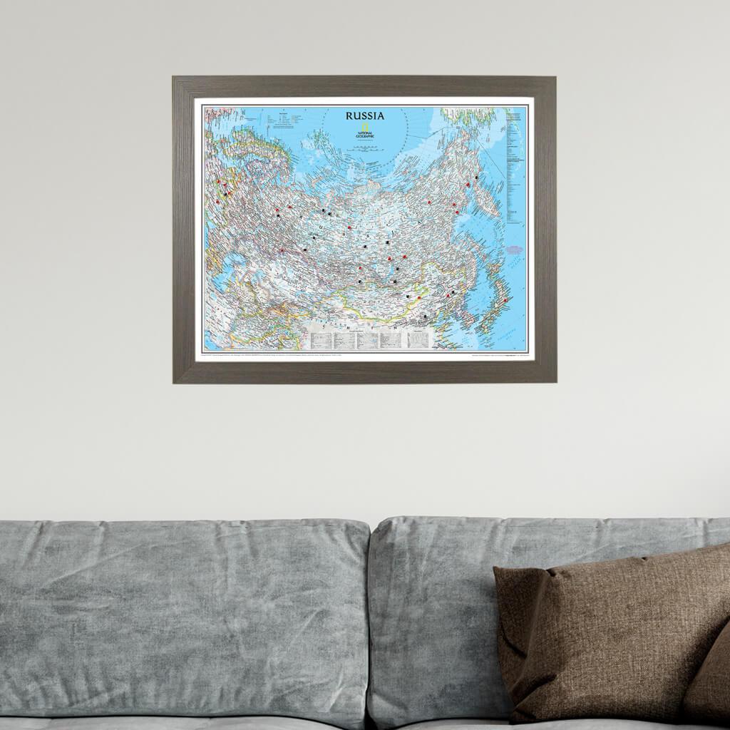 Classic Russia Push Pin Travel Map in Barnwood Gray Frame