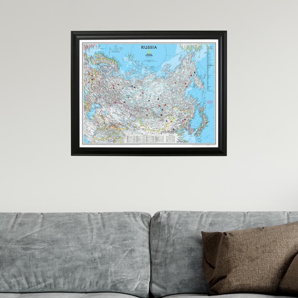 Classic Russia Push Pin Travel Map in Black Frame