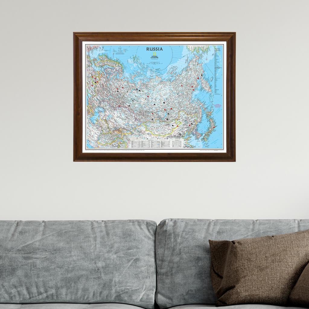Classic Russia Push Pin Travel Map in Brown Frame