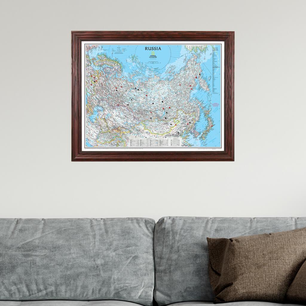 Classic Russia Push Pin Travel Map in Solid Wood Cherry Frame