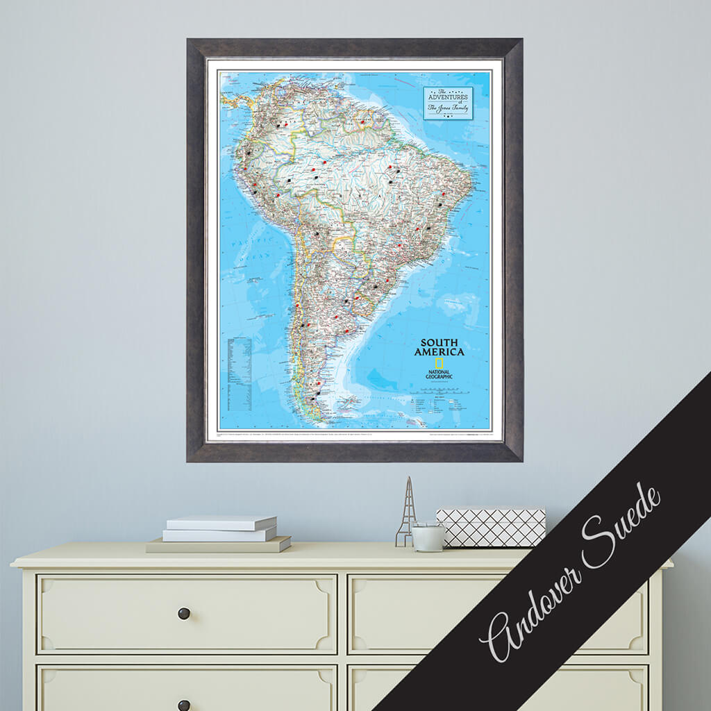 Canvas Classic South America Push Pin Map in Premium Andover Suede Frame