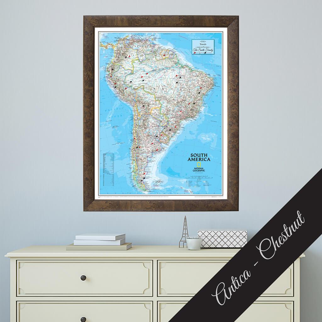 Canvas Classic South America Push Pin Map in Premium Antica Chestnut Frame
