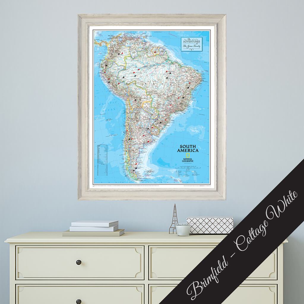 Canvas Classic South America Push Pin Map in Premium Brimfield Cottage White Frame