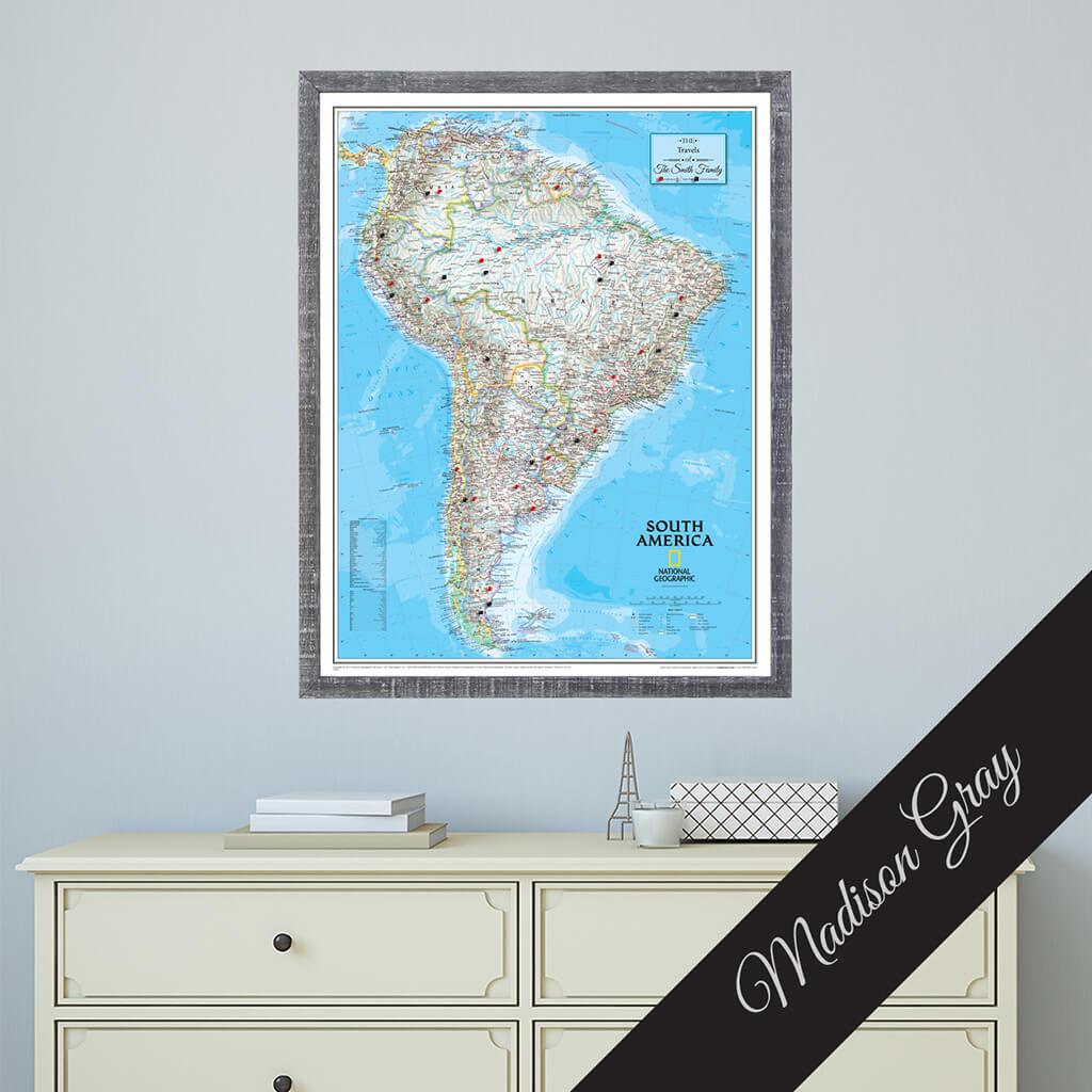 Canvas Classic South America Push Pin Map in Premium Madison Gray Frame