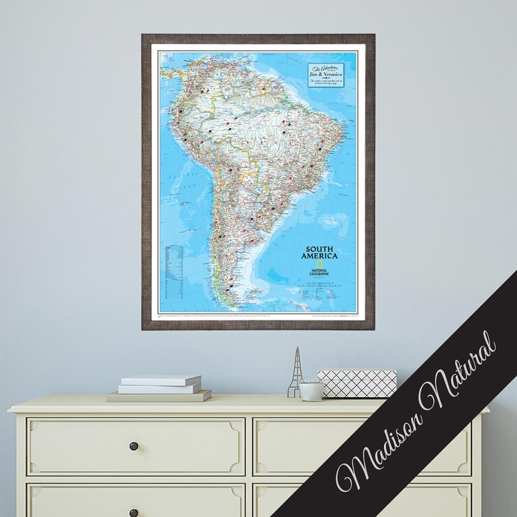 Canvas Classic South America Push Pin Map in Premium Madison Natural Frame