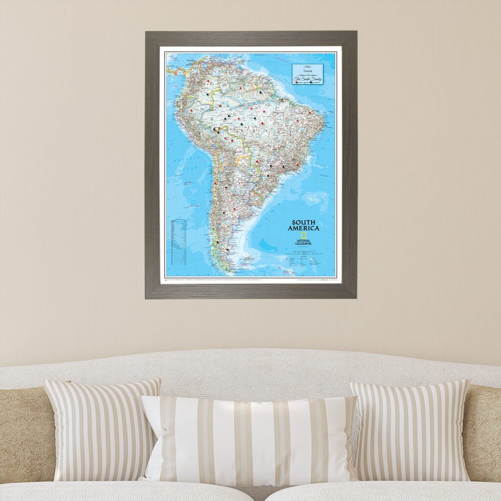 Canvas Classic South America Push Pin Map om Barnwood Gray Frame
