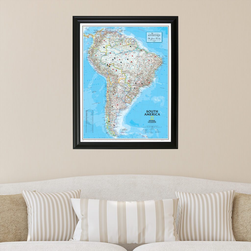 Canvas Classic South America Push Pin Map in Black Frame