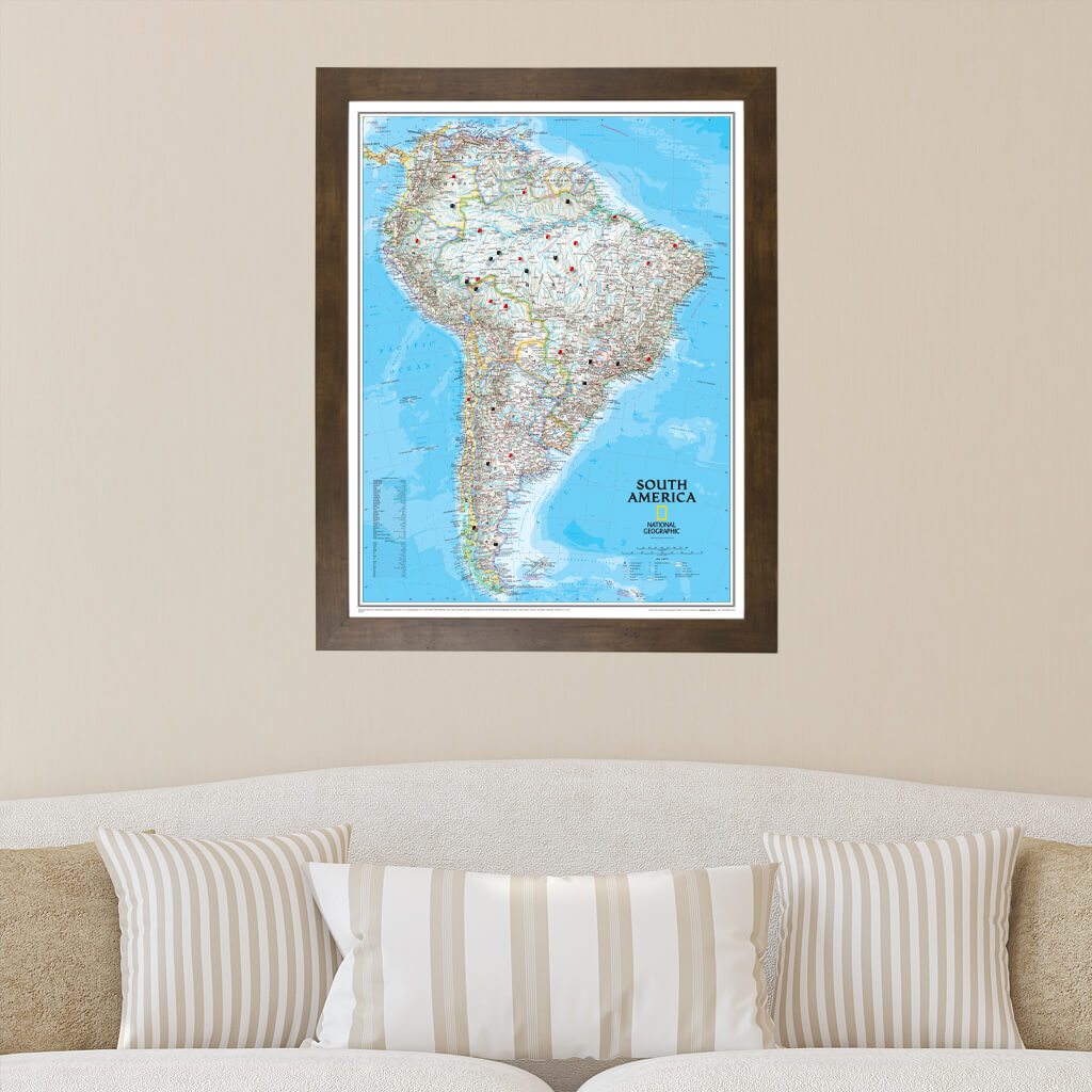 Canvas Classic South America Push Pin Map in Rustic Brown Frame