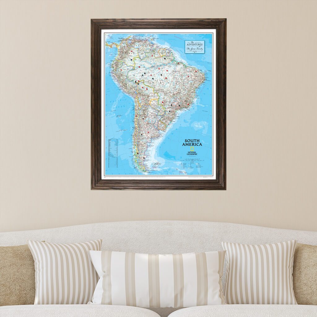 Canvas Classic South America Push Pin Map in Solid Wood Brown Frame