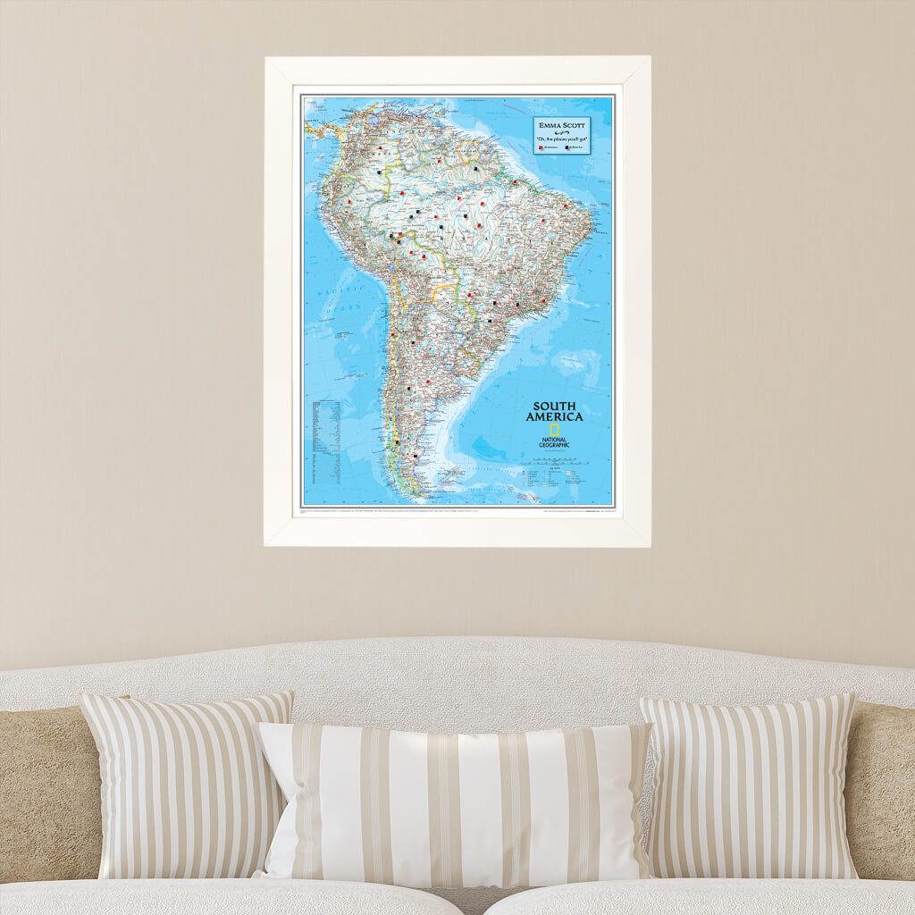 Canvas Classic South America Push Pin Map in Textured White Frame