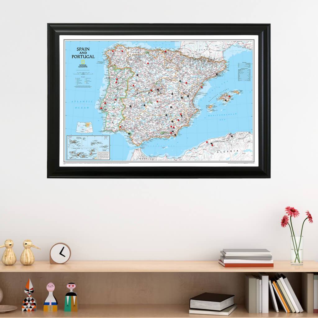 Classic Spain and Portugal Push Pin Travel Map in Black Frame