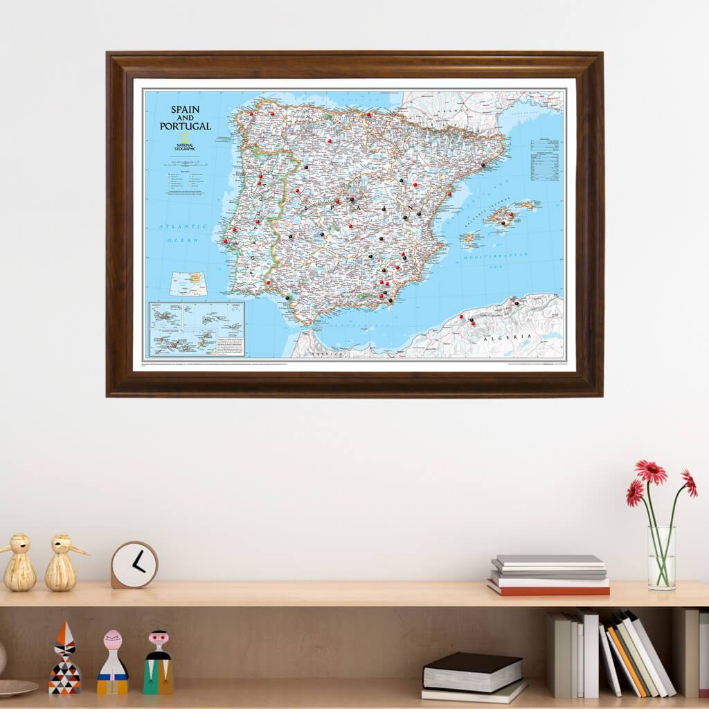 Classic Spain and Portugal Push Pin Travel Map in Brown Frame