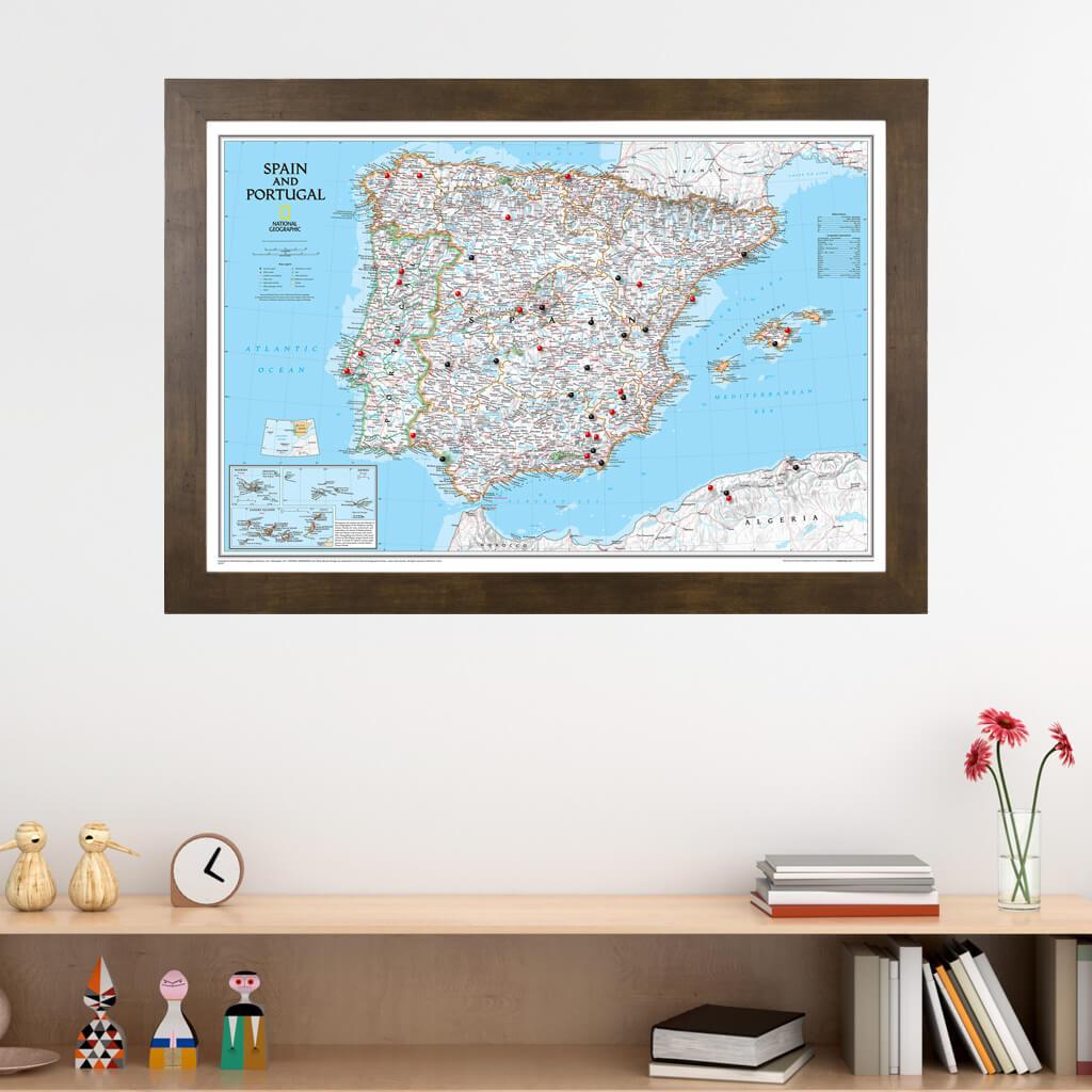 Classic Spain and Portugal Push Pin Travel Map in Rustic Brown Frame