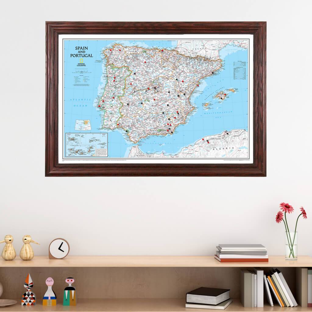 Classic Spain and Portugal Push Pin Travel Map in Solid Wood Cherry Frame
