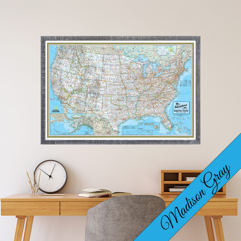 Canvas Classic USA Push Pin Map with Premium Madison Gray Frame