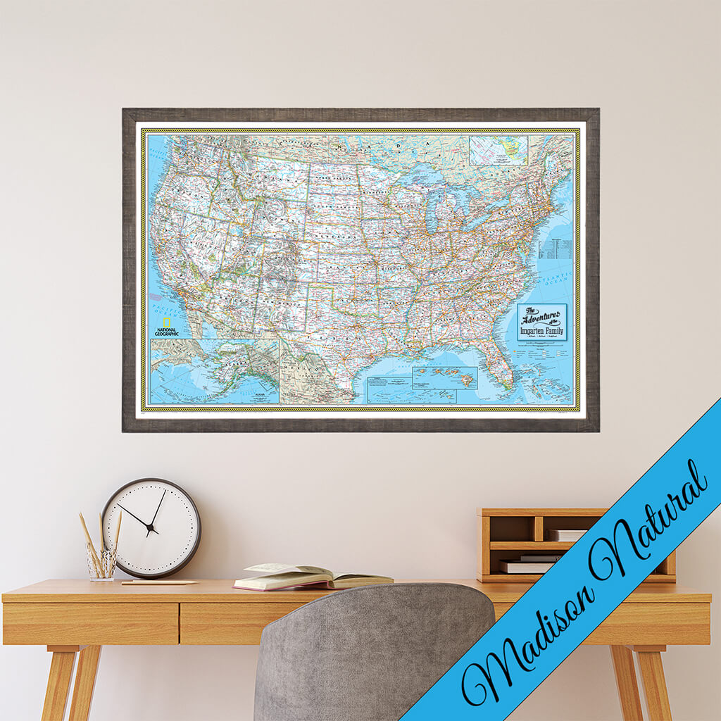 Canvas Classic USA Push Pin Map with Premium Madison Natural Frame