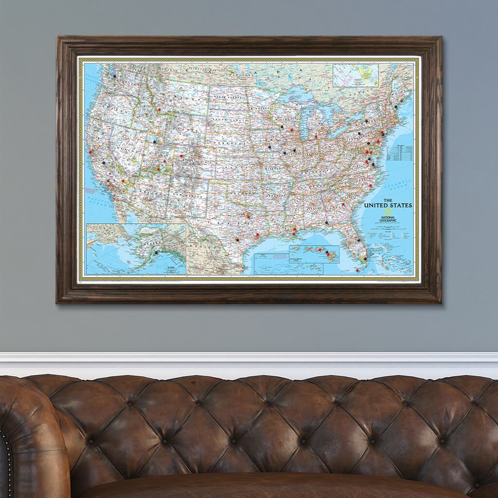 Classic USA Pin Map in Solid Wood Brown Frame