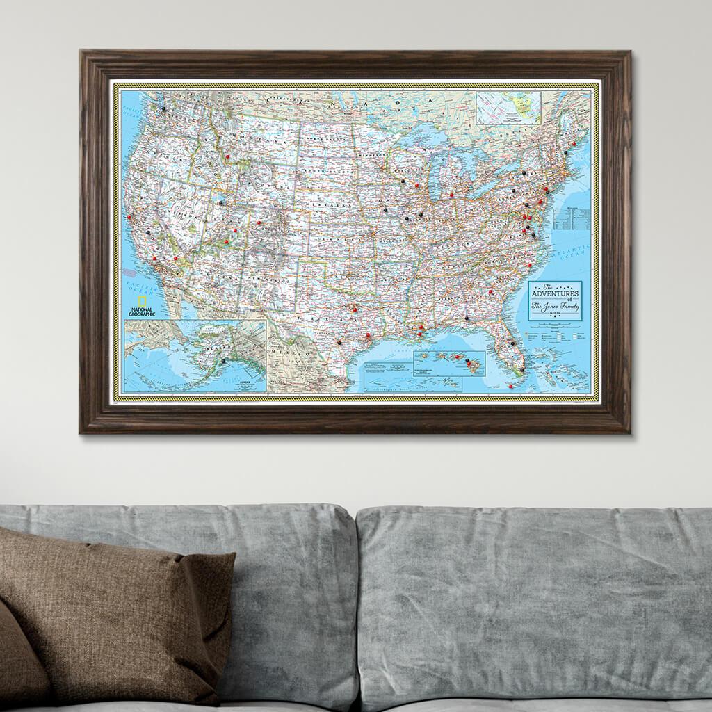 Canvas Classic USA Push Pin Travel Map Solid Wood Brown Frame