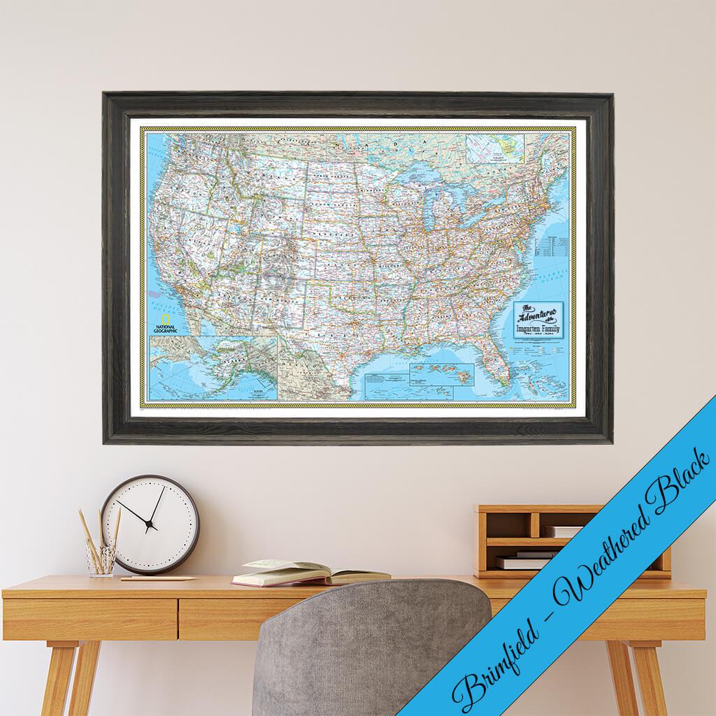 Canvas Classic USA Push Pin Map with Brimfield Weathered Black Frame
