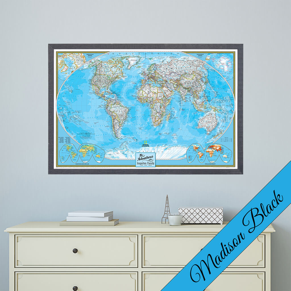 Canvas Classic World Push Pin Travel Map in Premium Madison Black Frame