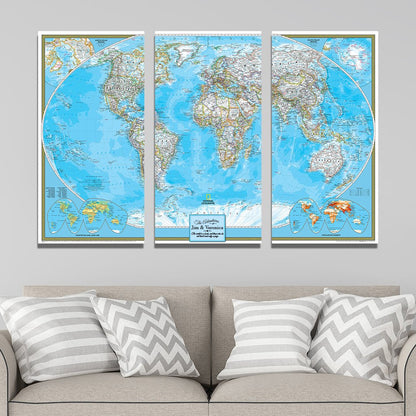 3 Panel Classic World Push Pin Travel Map