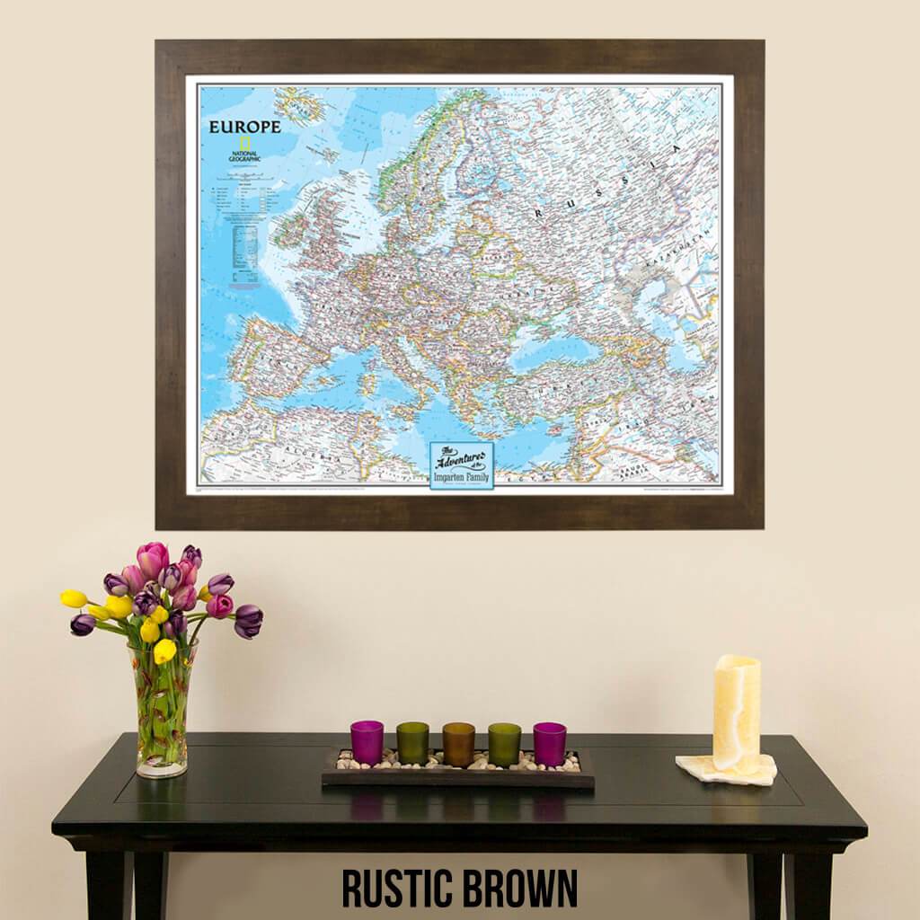 Canvas Classic Europe Travelers Map with pins in rustic brown frame