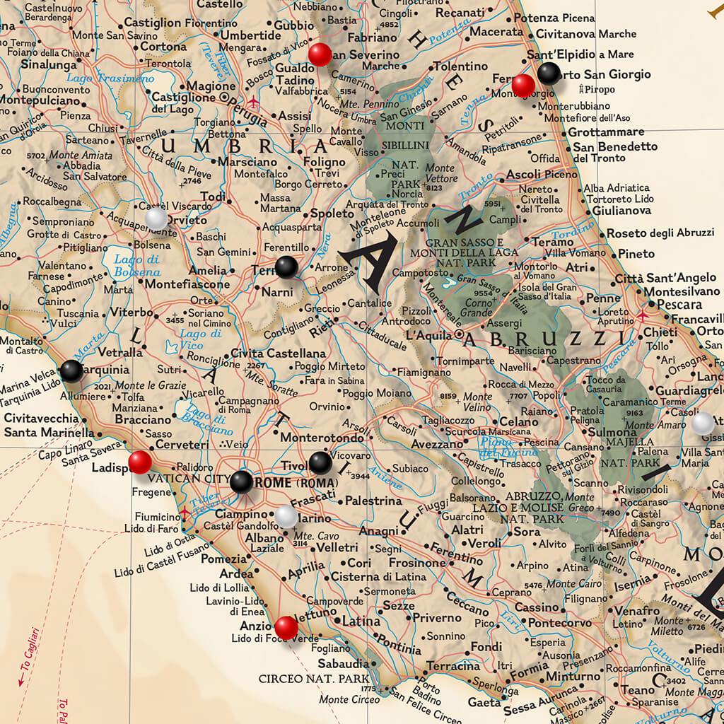 Canvas Executive Italy Travel Map Closeup