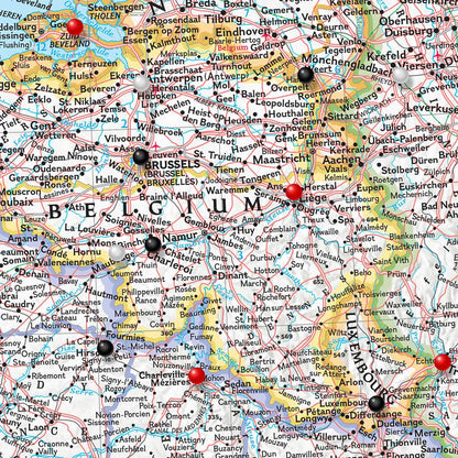 Closeup of Belgium on Classic France, Belgium, Netherlands Travel Map with Pins