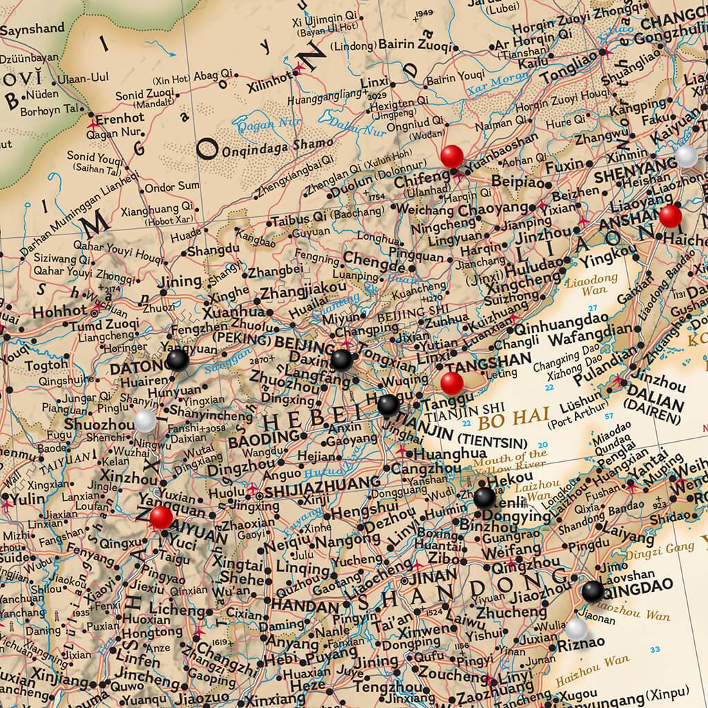 Executive China Push Pin Travel Map Closeup