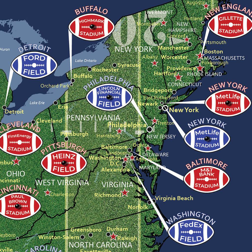 Closeup of East Coast on US Football Stadiums Map